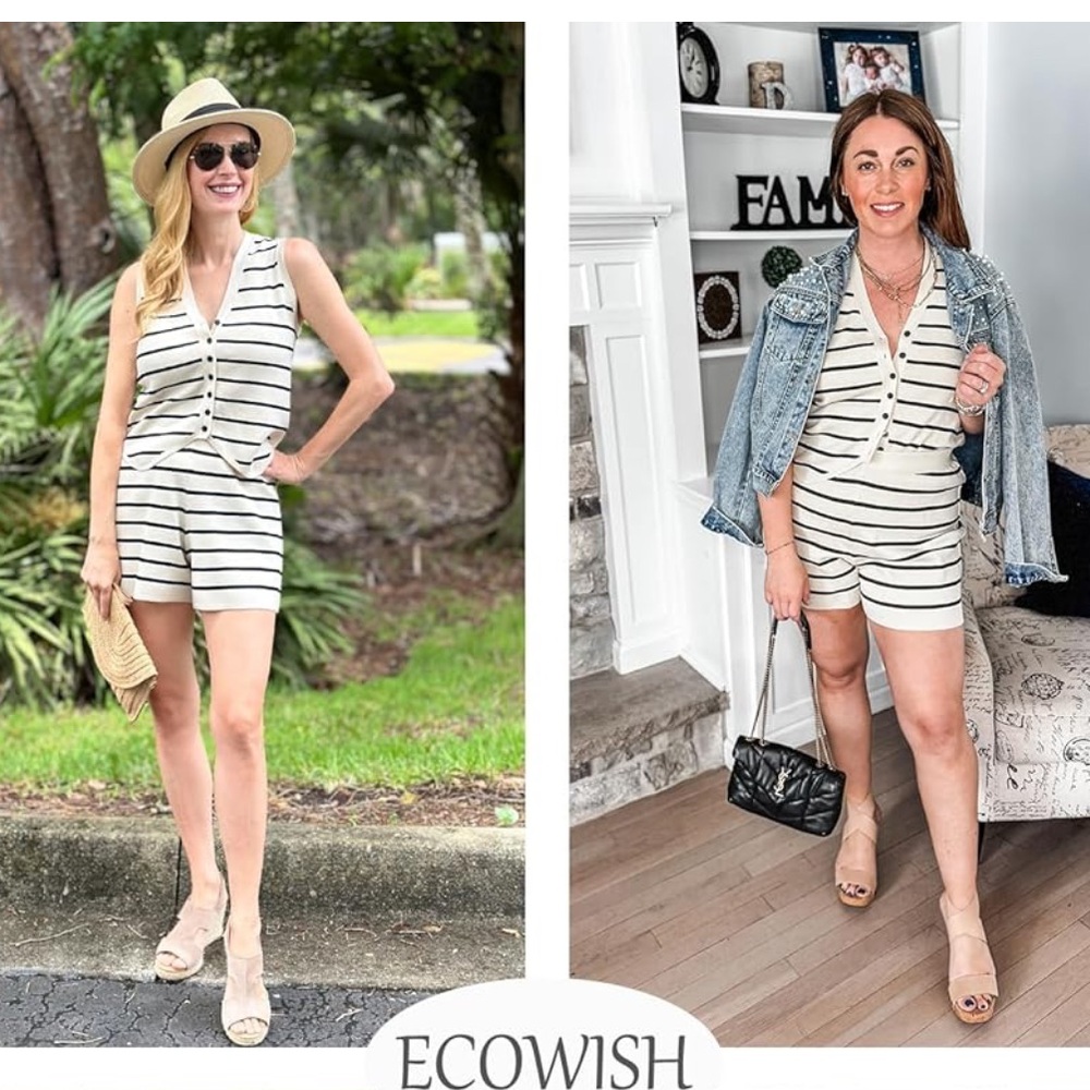 2 Pc Set Striped Sleeveless Button-Up Top and Shorts NWT - Picture 2 of 6